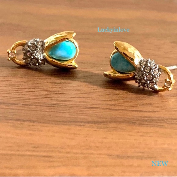 Alexis Bittar Jewelry - Alexis Bittar Scarab Bee Turquoise Stone Hammered Gold  Crystal Stud Earrings